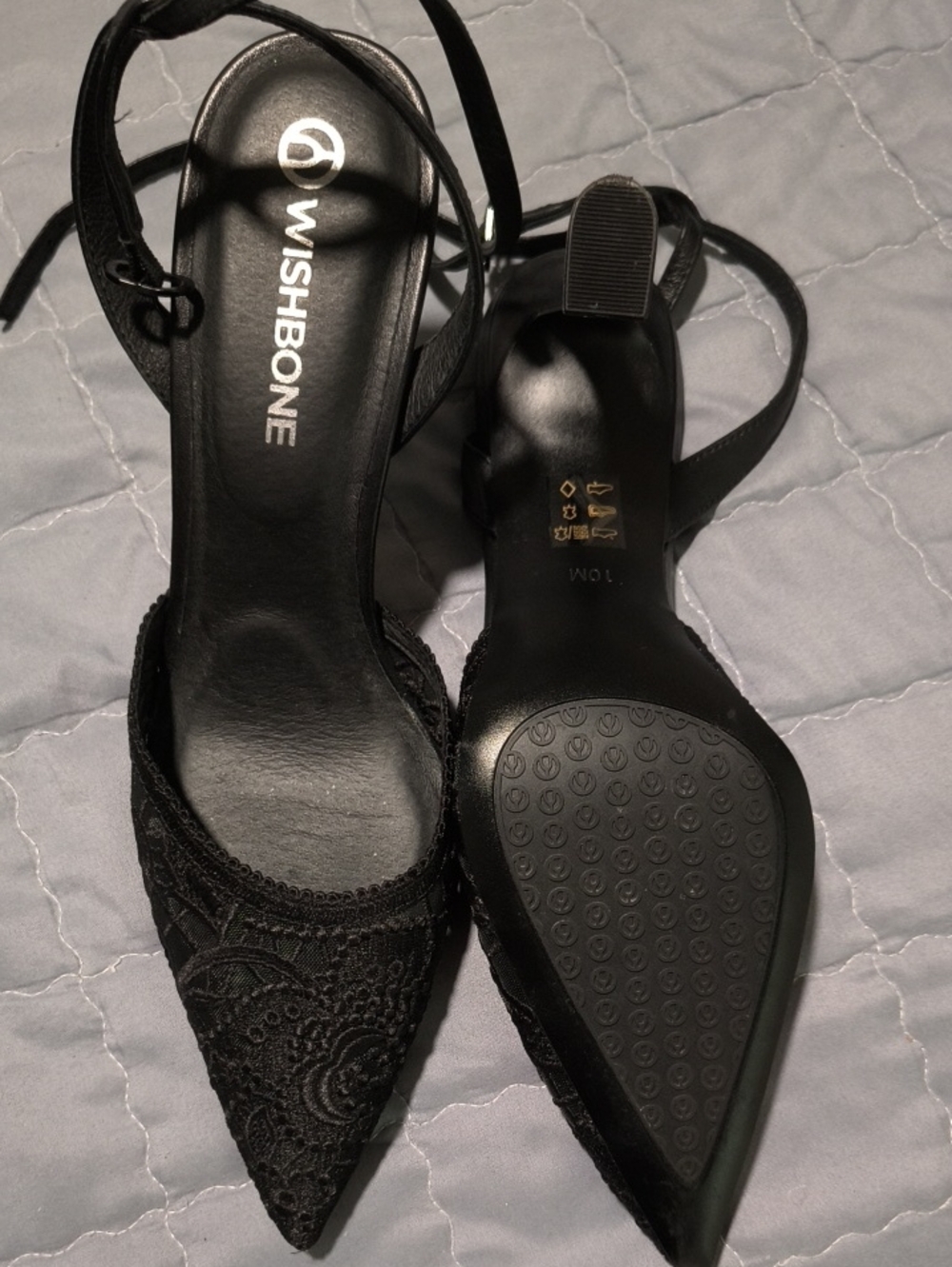 Wishbone Women's Black Lace Pointed Slingback Heels - Elegant Evening Shoes